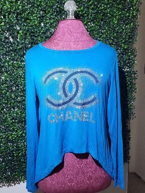 CHANEL Turquoise Blue Long-Sleeve Crystal Logo Tee